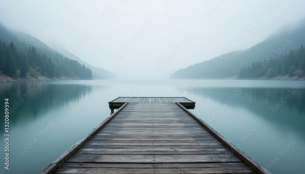 Tranquil Misty Lake with Wooden Dock Surrounded by Mountains and Forests