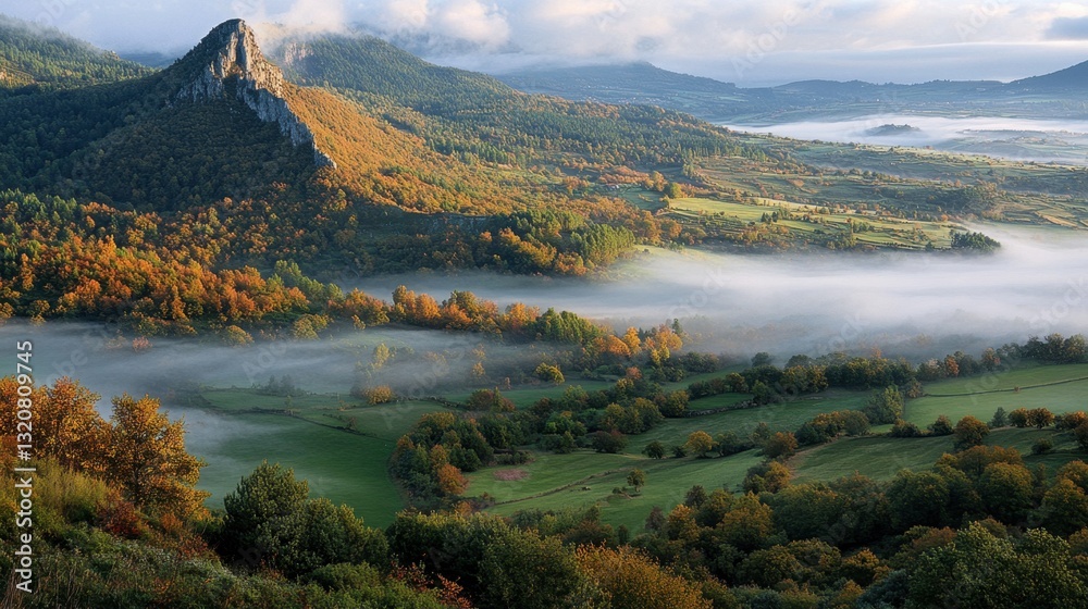 Obraz premium A beautiful morning mist rolling over the green valleys of the Auvergne volcano, creating a magical atmosphere.