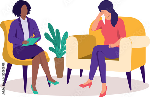 Depressed Woman With Handkerchief Sitting Crying During A Psychotherapy Session With A Female Psychotherapist.