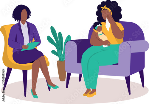 Anxiety Plus Size Black Mother Seeing A Psychiatrist For Her Postnatal Depression After Having A Baby.