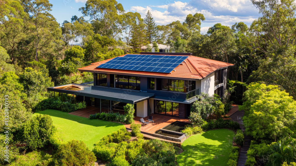 Sustainable modern house with solar panels surrounded by lush greenery Sustainable modern house with solar panels surrounded by lush greenery