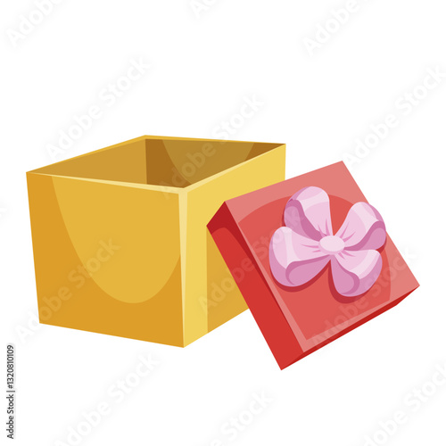 Open yellow gift box with a red lid adorned with a pink bow, placed on a white background. Concept of surprise, celebration, and gifting. Vector illustration
