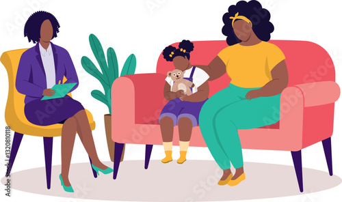 Plus Size Black Mother Bringing Her Depressed Little Daughter To See A Child Psychologist.