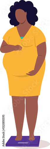 One Plus Size Black Pregnant Woman In Maternity Dress Weighing On A Scale.