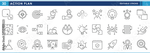 A set of line icons related to Action Plan. Action, plan, calendar, tick, completed, chat, startup, leadership, brain, time, process, and so on. Vector editable stroke.