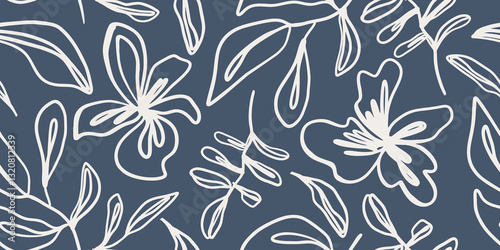 Leaves and flowers print. Seamless pattern. Hand drawn style. Collage contemporary print. Fashionable template for design
