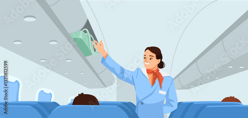 Smiling flight attendant in blue uniform helps place luggage in overhead bin inside an airplane cabin. Airline service concept. Vector illustration