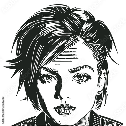 Vector illustration of a young woman with tousled short hair in black and white style. The detailed line art portrait features an expressive face with striking eyes, defined eyebrows