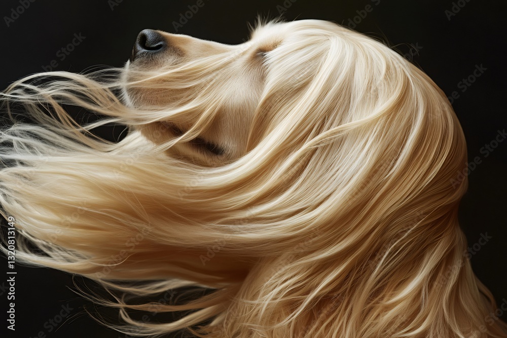 Naklejka premium Cocker spaniel with long, flowing blond fur gracefully blowing in the wind against a dark background, capturing the beauty and elegance of the breed