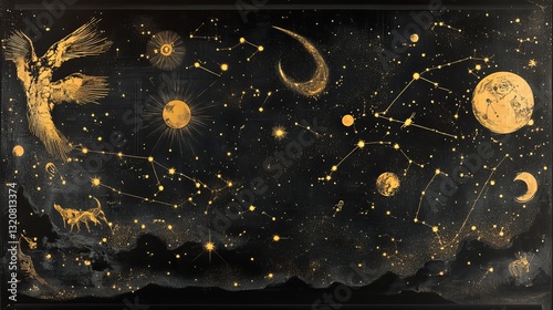 A celestial poster featuring star constellations from the northern and southern hemispheres, along with zodiac signs in gold