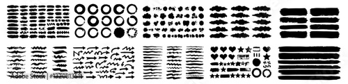 Big collection of black paint elements , ink brush strokes, brushes, circles ,lines, grungy. Dirty artistic design elements, boxes, frames. Vector illustration. Isolated on white background.
