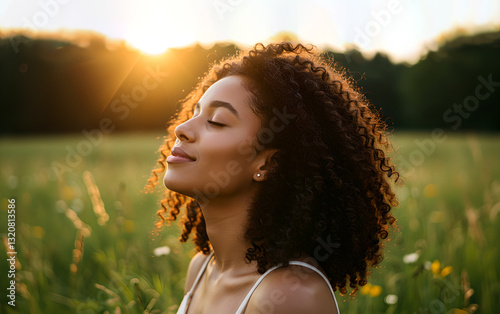 Meditation with breathing on nature, healthy yoga. Black African girl doing breathing exercises, relax. Calm young woman enjoying fresh air. Deep breath through nose, healing and tranquility