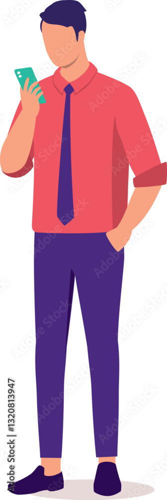 One Young Man Employee In Businesswear Standing And Looking At His Cell Phone. One Young Man Employee In Businesswear Standing And Looking At His Cell Phone.