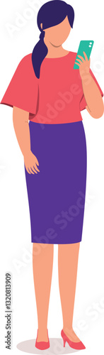 One Young Woman Employee In Businesswear Standing And Looking At Her Cell Phone.