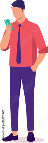 One Young Man Employee In Businesswear Standing And Looking At His Cell Phone.