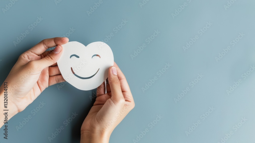 Fototapeta premium Vibrant Paper - Cut of Hand Picking a Happy Smile Face: Embodying Positive Customer Reviews, Mental Health Assessment, and Child Wellness