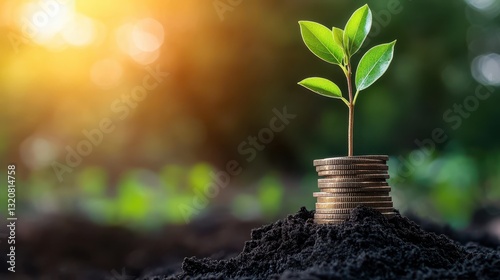 Growing Plant on Stacked Coins with Soil in Bright Natural Background Symbolizing Wealth and Prosperity