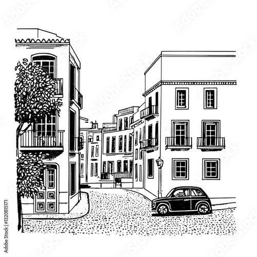 Charming vector illustration of a quaint street with classic architecture and a vintage car in a serene urban setting