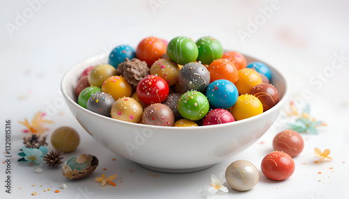 white bowl with colorful chocolates on white background Generative Ai.