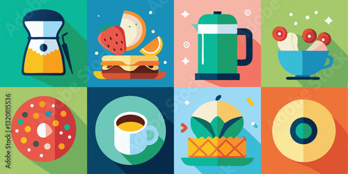 Hand drawn breakfast illustrations. Abstract trendy posters with coffee, fried egg, bacon, citrus juice, avocado, tomato, toast in jam. Minimalist prints for wall decor, restaurant menu, kitchens.