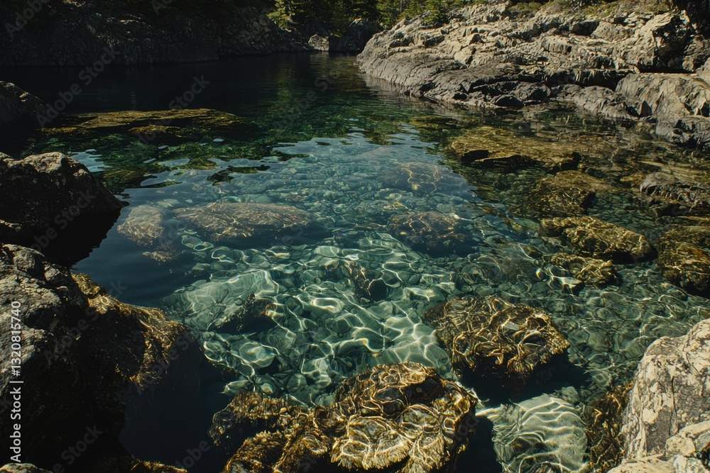 Crystal clear turquoise water of a natural pool, surrounded by rough, rugged rocks and sparse vegetation in the high mountains on a sunny summer day. Crystal clear turquoise water of a natural pool, surrounded by rough, rugged rocks and sparse vegetation in the high mountains on a sunny summer day.