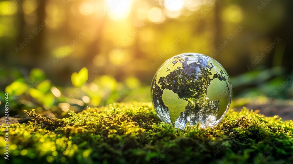 A crystal globe on moss, representing ESG principles and global sustainability efforts for environmental protection A crystal globe on moss, representing ESG principles and global sustainability efforts for environmental protection