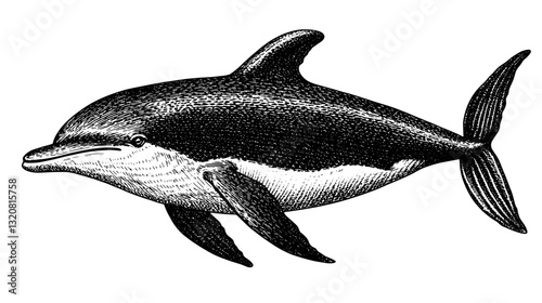 Elegant engraved dolphin illustration perfect for tattoo designs and packaging with detailed vector art