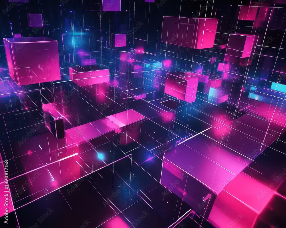 Neon geometric patterns floating on a deep black background, high contrast and futuristic style Neon geometric patterns floating on a deep black background, high contrast and futuristic style