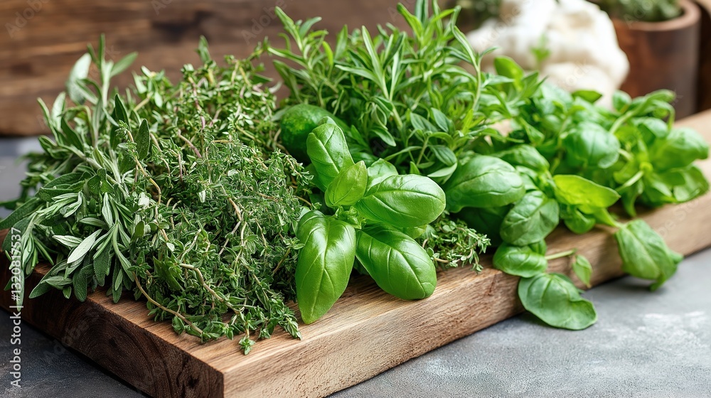 Wooden cutting board with a bunch of fresh herbs on it. the herbs are green and appear to be fresh, with some leaves still attached to the stems. Wooden cutting board with a bunch of fresh herbs on it. the herbs are green and appear to be fresh, with some leaves still attached to the stems.