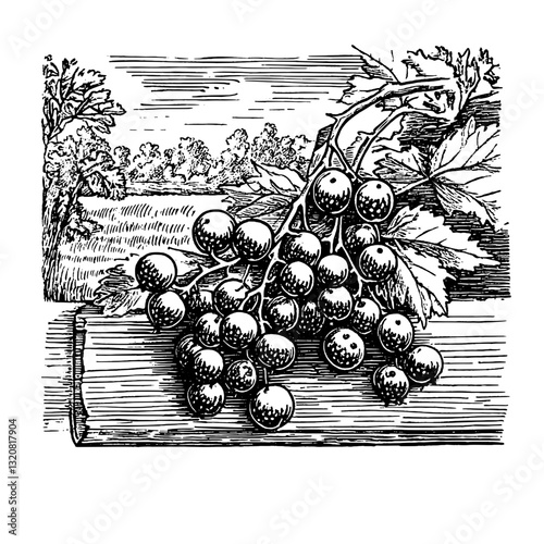 Engraved vintage illustration of grape bunches adorned with leaves, perfect for tattoo design or packaging inspiration