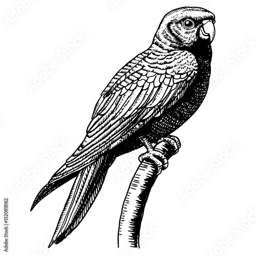 Intricate vector illustration of a parrot perched elegantly on a branch crafted for tattoo design and artistic packaging