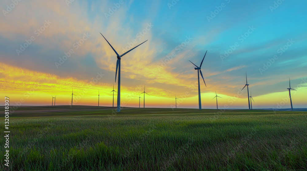Obraz premium Stunning sunset over wind farm with vibrant sky and wind turbines on green field
