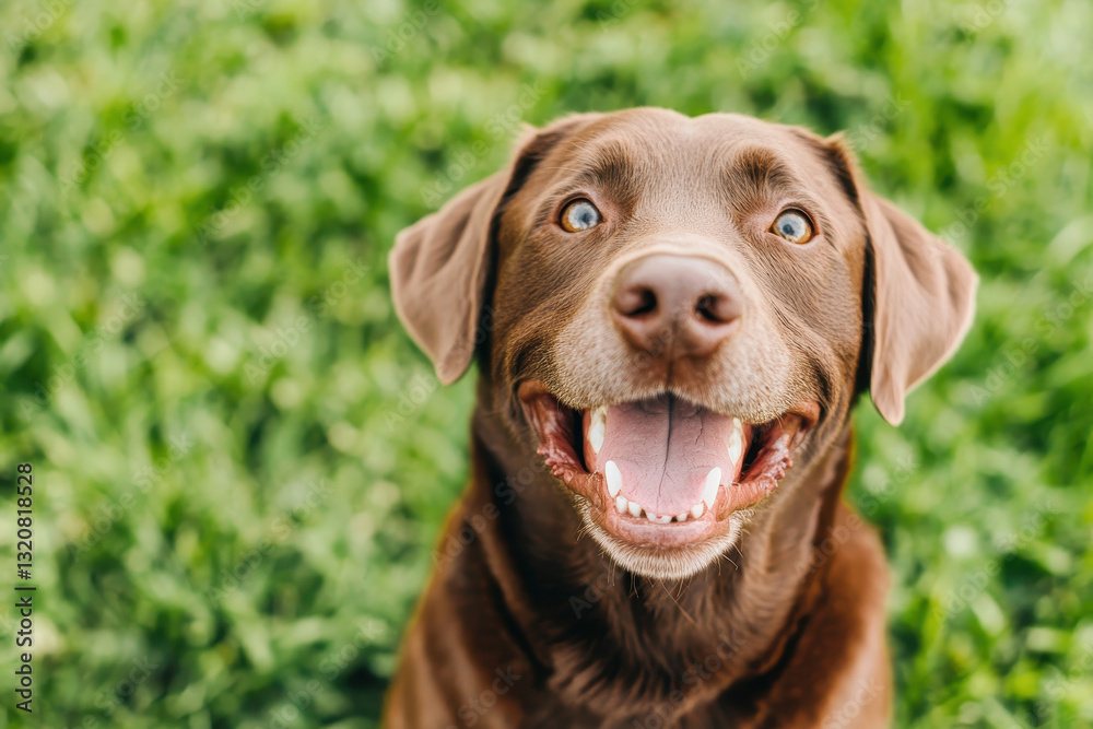 Happy brown dog smiling joyfully in a green grassy outdoor setting Happy brown dog smiling joyfully in a green grassy outdoor setting