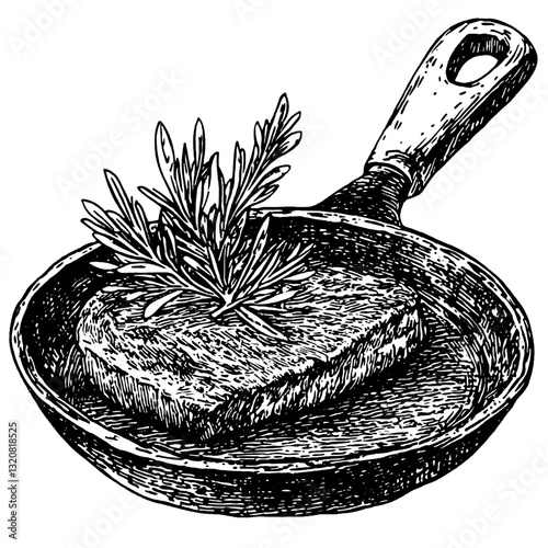 Engraved illustration of a freshly cooked steak on a skillet, garnished with rosemary