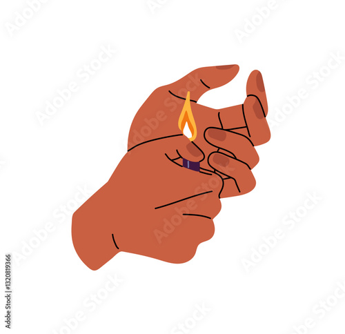 Black human hands with burning disposable gas lighter. African American person holds smoking equipment, accessory to light cigarette or fire. Flat isolated vector illustration on white background