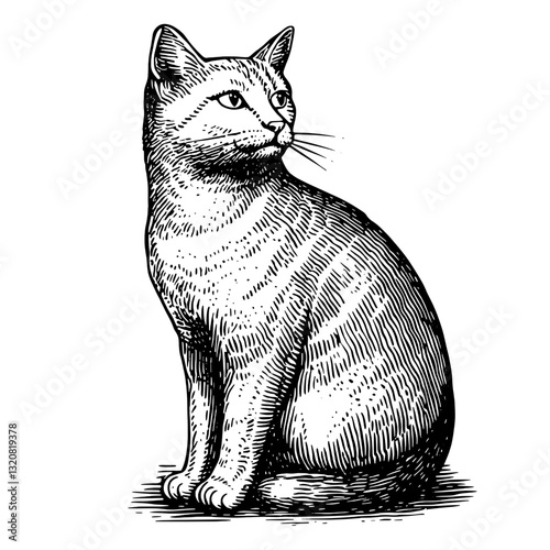 Engraved vector illustration of a poised cat showcasing elegance and charm in an artistic style suitable for tattoos and packaging