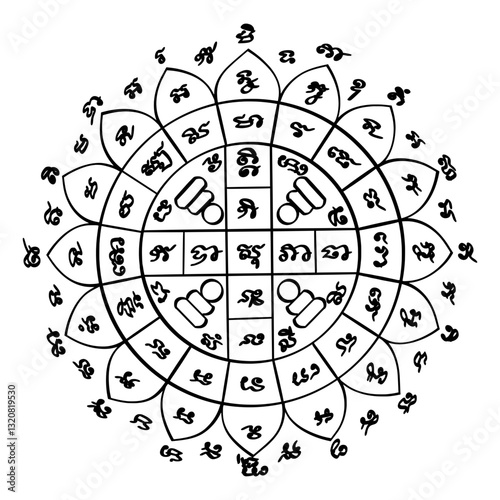 Thai traditional tattoo. Sukittima Yantra. Thai text translation: Good Fame, Reputation, Well-being, Good Fortune