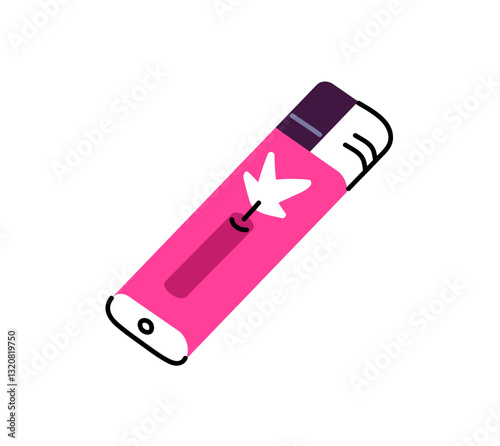 Funny design of disposable gas lighter with cute pattern of firework. Pink smoking equipment with fluid, accessory to light cigarette, fire. Flat isolated vector illustration on white background