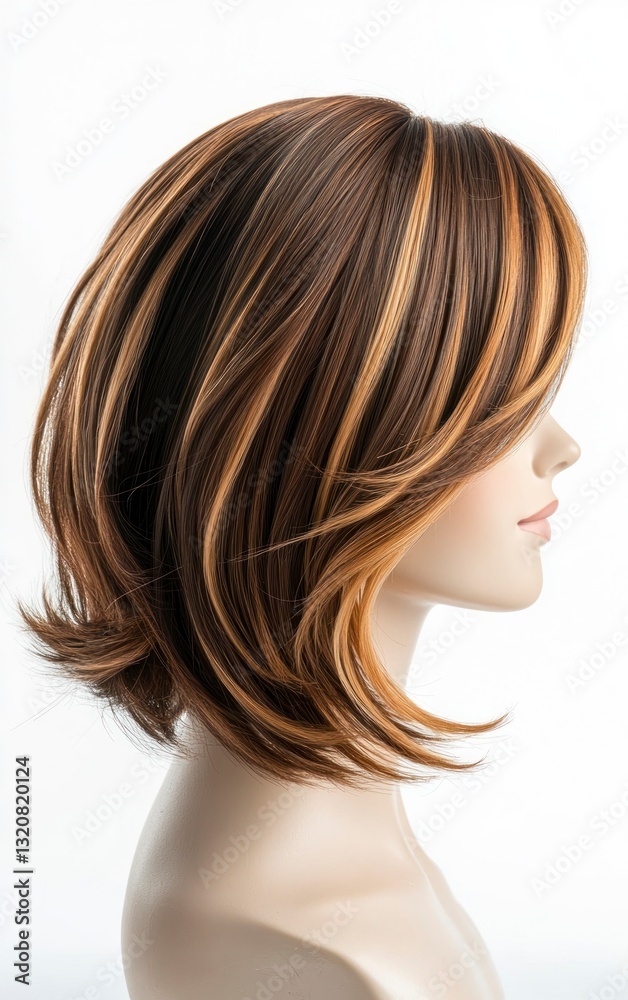 Naklejka premium Displaying Brown Bob Wig with Blonde Highlights on a Mannequin Head