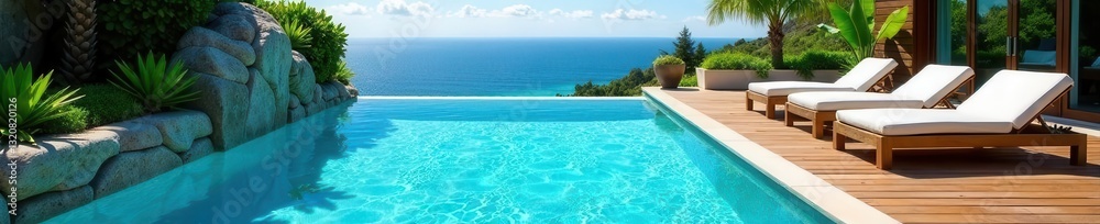 Inviting blue pool, teak deck Sun-drenched luxury , teal, teakwood Inviting blue pool, teak deck Sun-drenched luxury , teal, teakwood