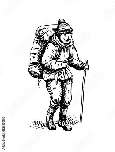 Engraved vector illustration of a cheerful hiker with a backpack enjoying an outdoor adventure in nature