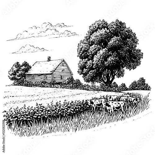 Serene countryside landscape featuring a cozy farmhouse, lush fields, and grazing cows amidst a tranquil environment