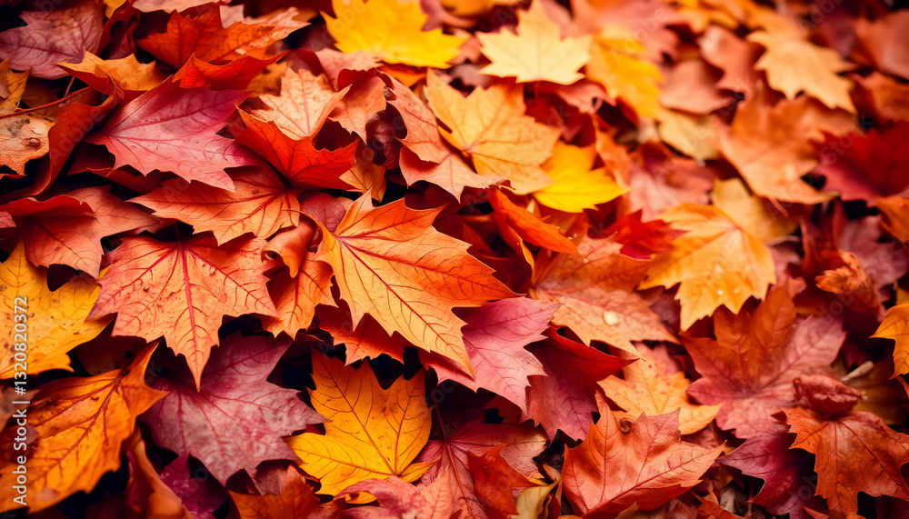 Fototapeta premium Vibrant Autumn Leaves in Shades of Orange and Red on Ground
