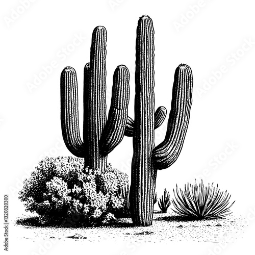 Engraved vector illustration of towering cacti in a desert landscape perfect for tattoo design or packaging art