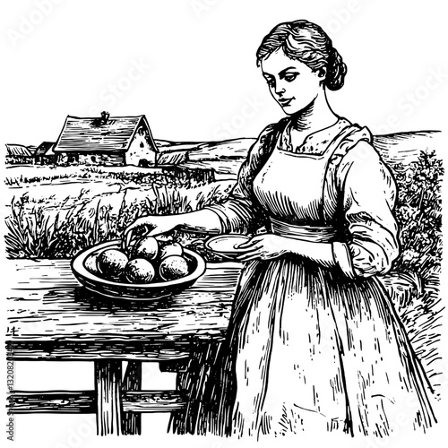 Elegant woman serving freshly baked goods in a serene countryside setting by a rustic house during the golden hour