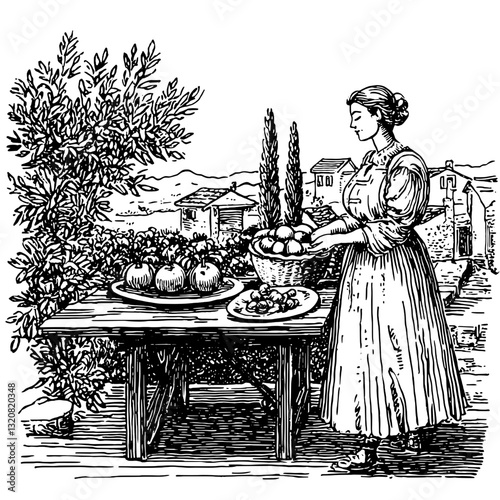 Charming rural market scene with a woman presenting fresh produce and a beautifully engraved vector illustration for artistic expression