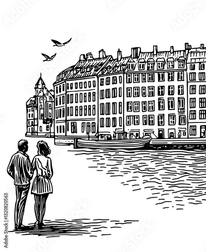 Couple enjoying a serene stroll along a picturesque waterfront in a quaint European town under a clear sky