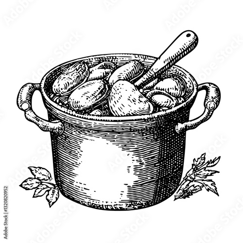 Artistic engraving of a vintage bucket filled with assorted stones and herbs, perfect for creative tattoo and packaging designs