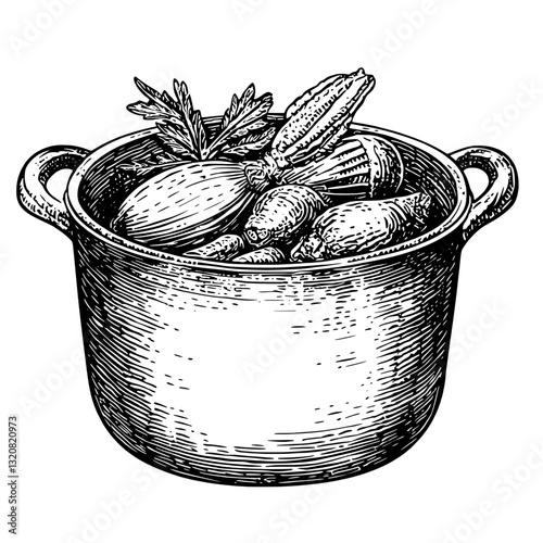 Engraved vector illustration of a pot filled with freshly harvested vegetables for tattoo and packaging design