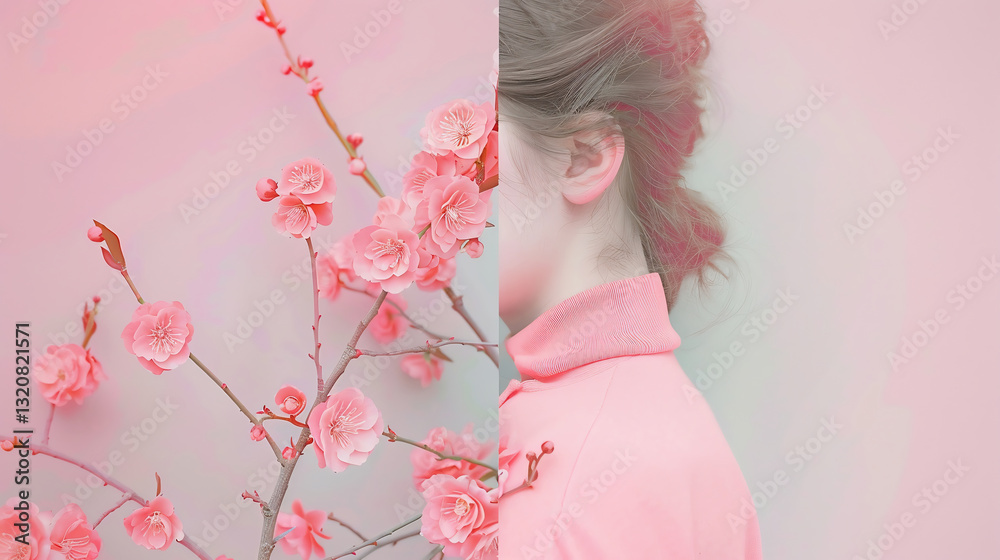Fototapeta premium Collage of young female bodies and beautiful flowers on beige background